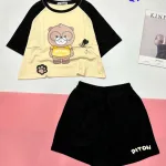 đồ bộ quần đùi áo crop top  tay ngắn in hình gấu đeo kính
