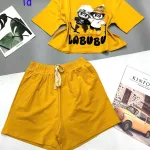 đồ bộ quần đùi áo crop top  tay ngắn in labubu quần có dây cột