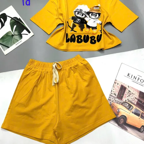 đồ bộ quần đùi áo crop top  tay ngắn in labubu quần có dây cột