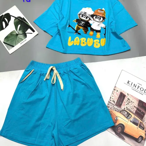 đồ bộ quần đùi áo crop top  tay ngắn in labubu quần có dây cột