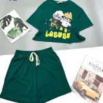 đồ bộ quần đùi áo crop top  tay ngắn in labubu quần có dây cột