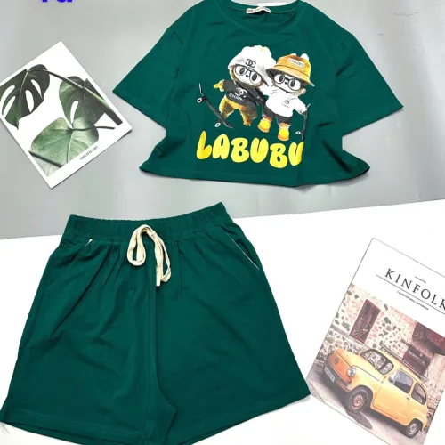 đồ bộ quần đùi áo crop top  tay ngắn in labubu quần có dây cột