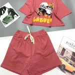 đồ bộ quần đùi áo crop top  tay ngắn in labubu quần có dây cột