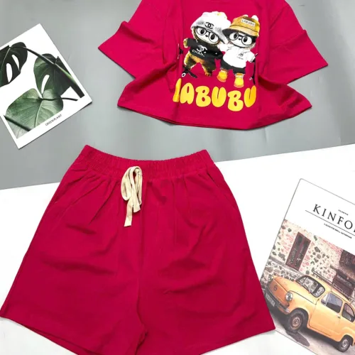 đồ bộ quần đùi áo crop top  tay ngắn in labubu quần có dây cột
