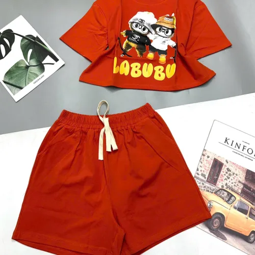 đồ bộ quần đùi áo crop top  tay ngắn in labubu quần có dây cột