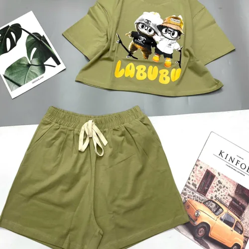 đồ bộ quần đùi áo crop top  tay ngắn in labubu quần có dây cột