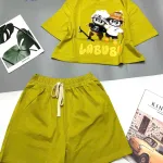 đồ bộ quần đùi áo crop top  tay ngắn in labubu quần có dây cột