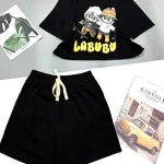 đồ bộ quần đùi áo crop top  tay ngắn in labubu quần có dây cột