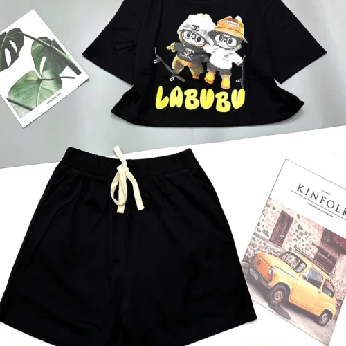 đồ bộ quần đùi áo crop top  tay ngắn in labubu quần có dây cột