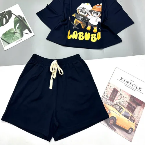 đồ bộ quần đùi áo crop top  tay ngắn in labubu quần có dây cột