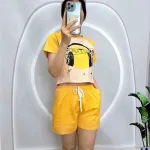 Đồ bộ quần đùi áo croptop cổ tròn in hình