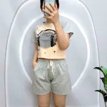 Đồ bộ quần đùi áo croptop cổ tròn in hình