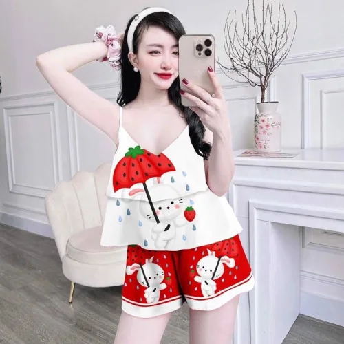 Đồ bộ quần đùi áo dây 1 tầng in hoạ tiết mặc nhà siêu mát