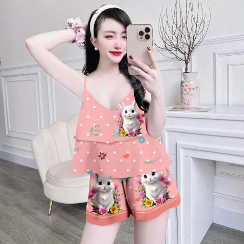 Đồ bộ quần đùi áo dây 1 tầng in hoạ tiết mặc nhà siêu mát