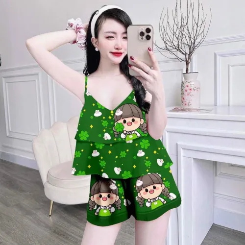 Đồ bộ quần đùi áo dây 1 tầng in hoạ tiết mặc nhà siêu mát