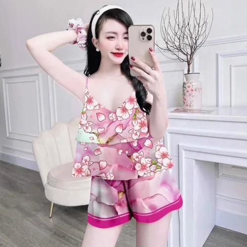 Đồ bộ quần đùi áo dây 1 tầng in hoạ tiết mặc nhà siêu mát