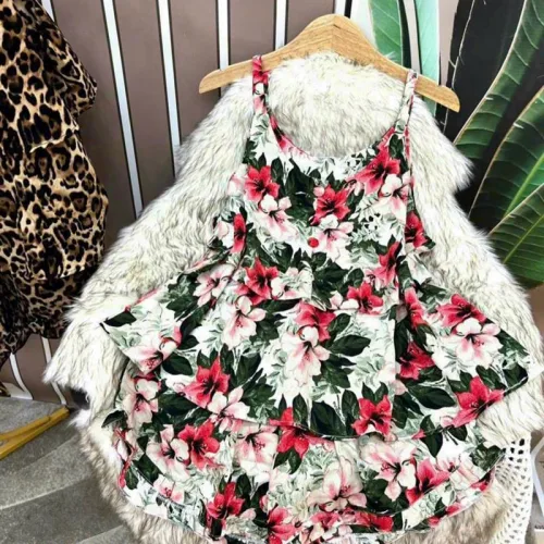 Đồ bộ quần đùi áo dây 2 tầng hoạ tiết