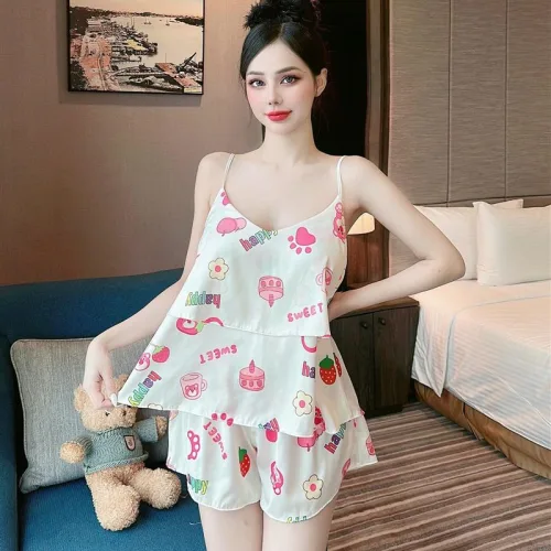 Đồ bộ quần đùi áo dây 2 tầng hoạ tiết mặc nhà