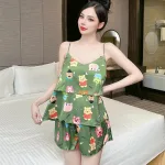 Đồ bộ quần đùi áo dây 2 tầng hoạ tiết mặc nhà