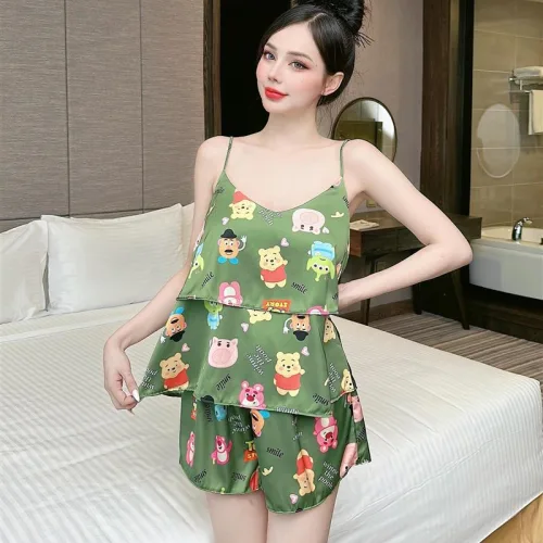 Đồ bộ quần đùi áo dây 2 tầng hoạ tiết mặc nhà