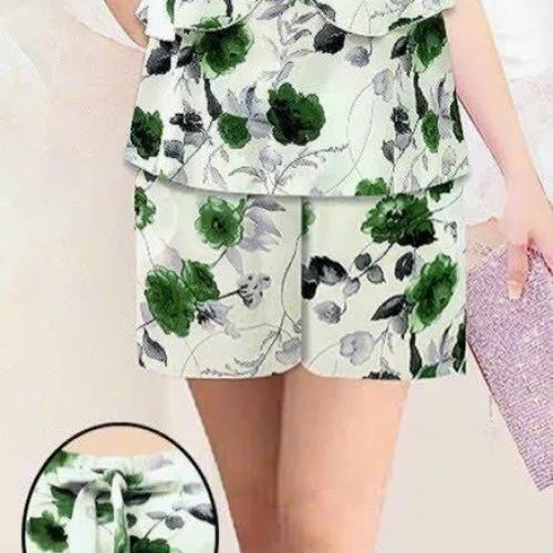 Đồ bộ quần đùi áo dây 2 tầng hoạ tiết mặc nhà