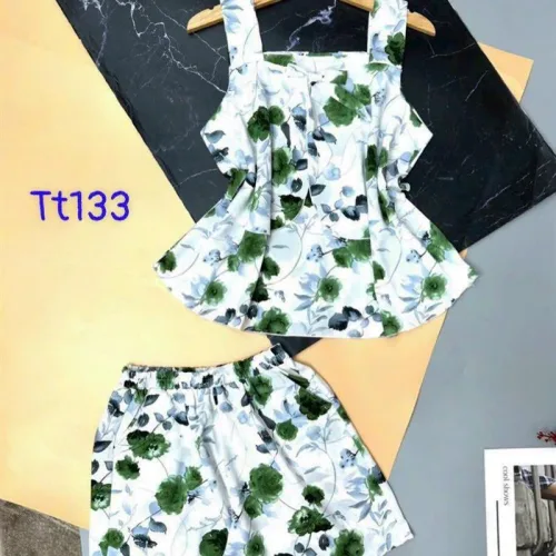 Đồ bộ quần đùi áo dây 2 tầng hoạ tiết mặc nhà