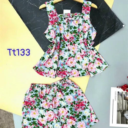 Đồ bộ quần đùi áo dây 2 tầng hoạ tiết mặc nhà