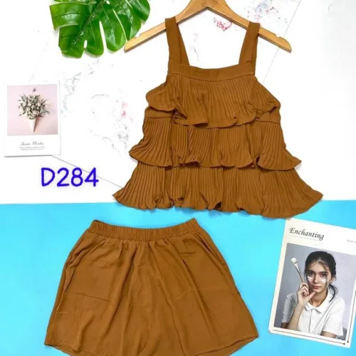 Đồ bộ quần đùi áo dây 3 tầng màu trơn