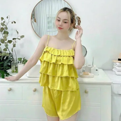 Đồ bộ quần đùi áo dây 3 tầng màu trơn