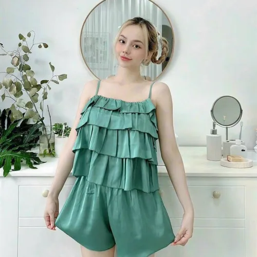 Đồ bộ quần đùi áo dây 3 tầng màu trơn