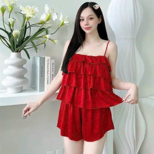 Đồ bộ quần đùi áo dây 3 tầng màu trơn