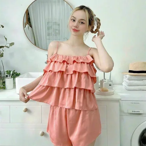 Đồ bộ quần đùi áo dây 4 tầng màu trơn