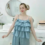 Đồ bộ quần đùi áo dây 4 tầng màu trơn