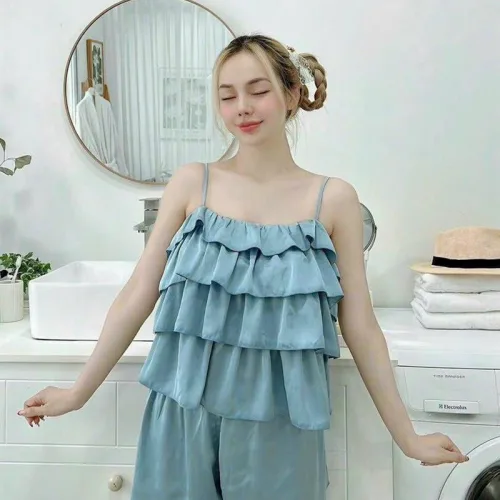 Đồ bộ quần đùi áo dây 4 tầng màu trơn