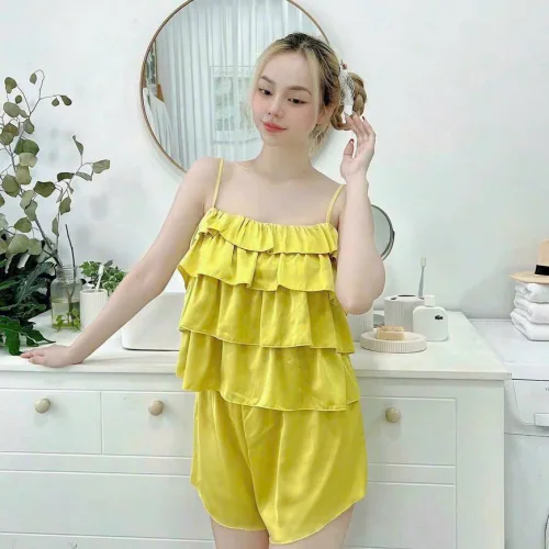 Đồ bộ quần đùi áo dây 4 tầng màu trơn