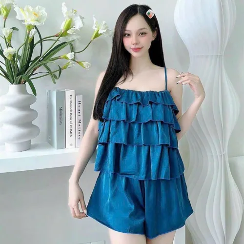 Đồ bộ quần đùi áo dây 4 tầng màu trơn