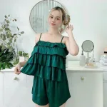 Đồ bộ quần đùi áo dây 4 tầng màu trơn