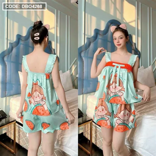 Đồ bộ quần đùi áo dây bèo siêu mát in hình dể thương