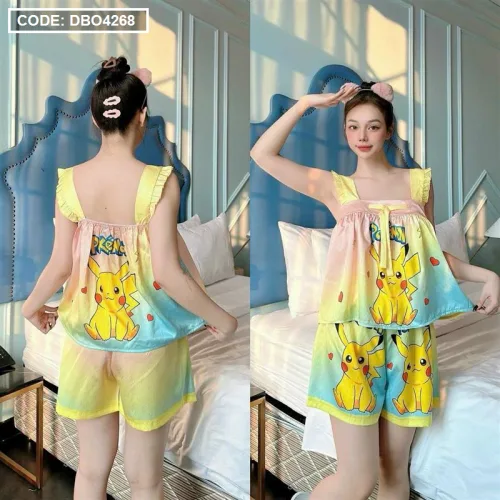 Đồ bộ quần đùi áo dây bèo siêu mát in hình dể thương