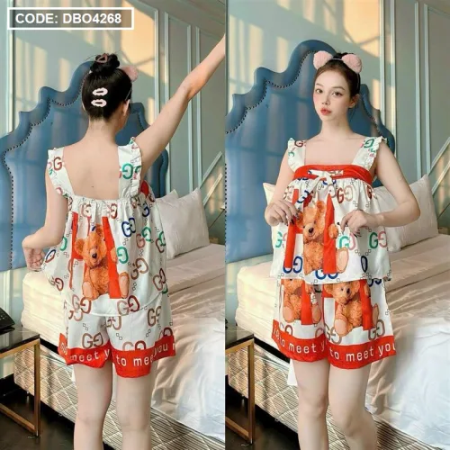 Đồ bộ quần đùi áo dây bèo siêu mát in hình dể thương
