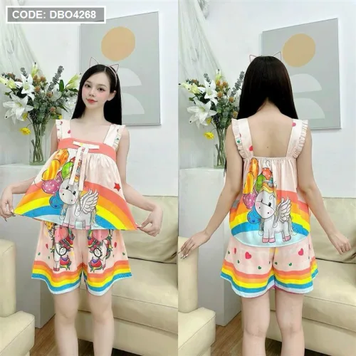 Đồ bộ quần đùi áo dây bèo siêu mát in hình dể thương