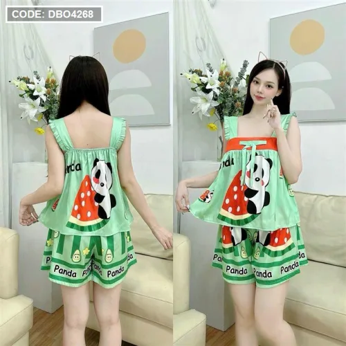 Đồ bộ quần đùi áo dây bèo siêu mát in hình dể thương