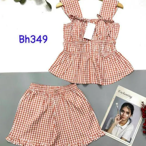Đồ bộ quần đùi áo dây caro mặc nhà