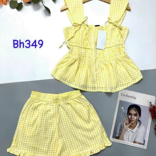 Đồ bộ quần đùi áo dây caro mặc nhà
