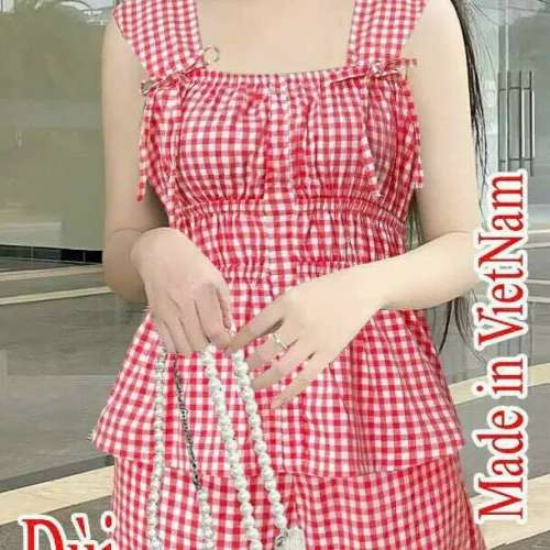 Đồ bộ quần đùi áo dây caro mặc nhà