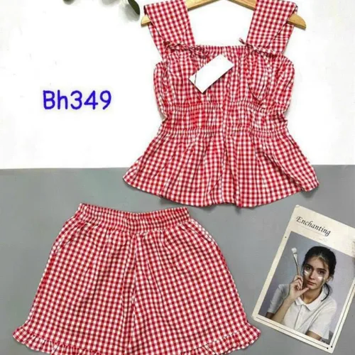 Đồ bộ quần đùi áo dây caro mặc nhà