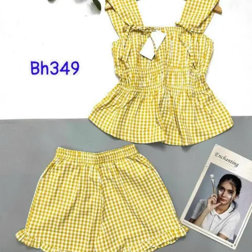 Đồ bộ quần đùi áo dây caro mặc nhà