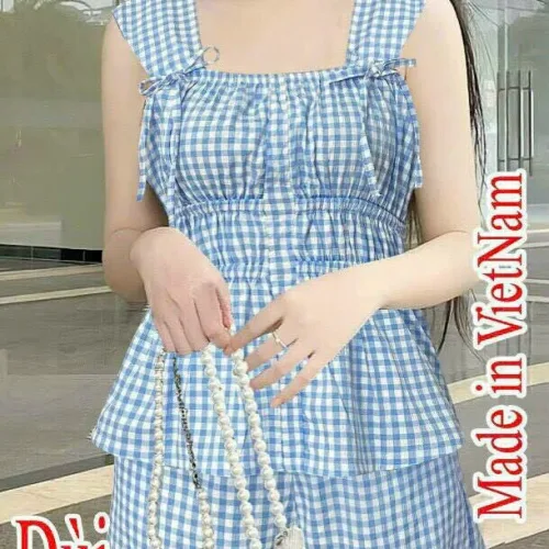 Đồ bộ quần đùi áo dây caro mặc nhà