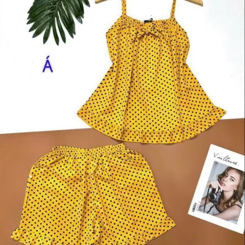 Đồ bộ quần đùi áo dây chấm bi nơ trước ngực