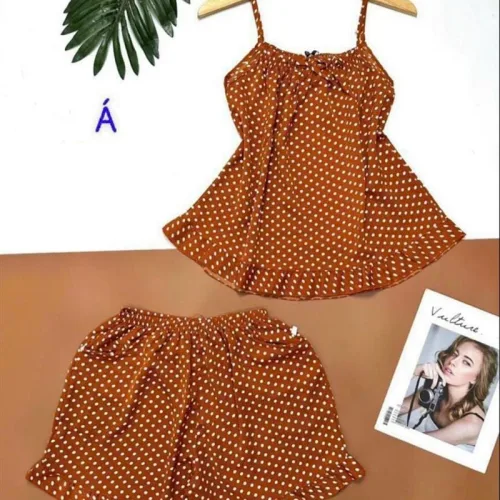 Đồ bộ quần đùi áo dây chấm bi nơ trước ngực